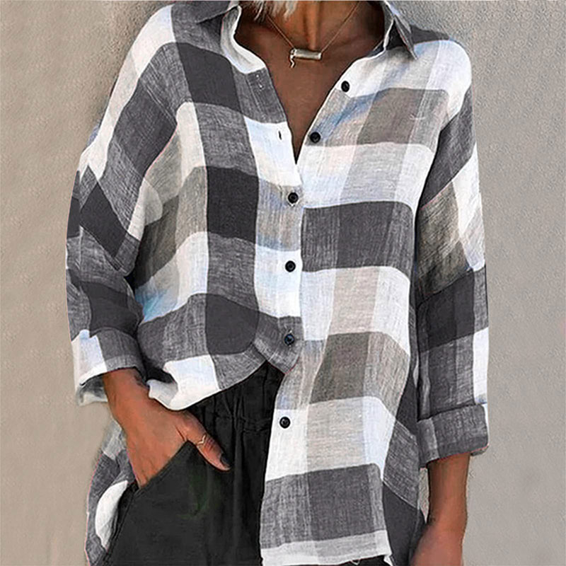 Lapel Plaid Printed Single-breasted Long Sleeve Loose Blouse