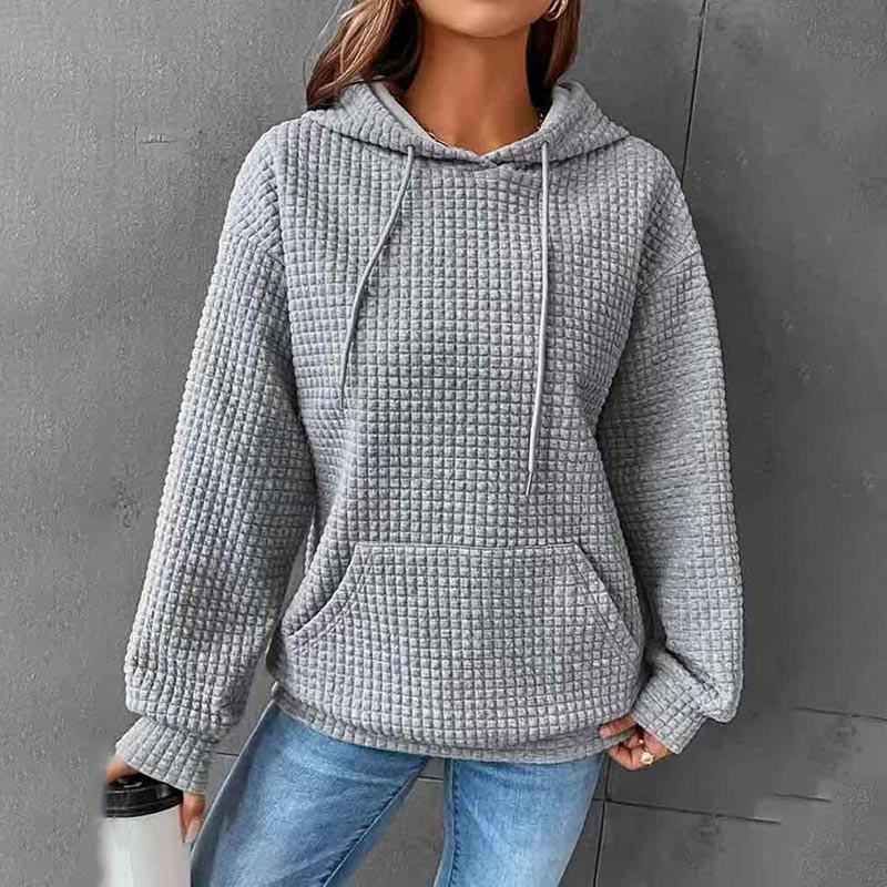 Solid Color Waffle Long Sleeve Pocket Hooded Sweatshirt