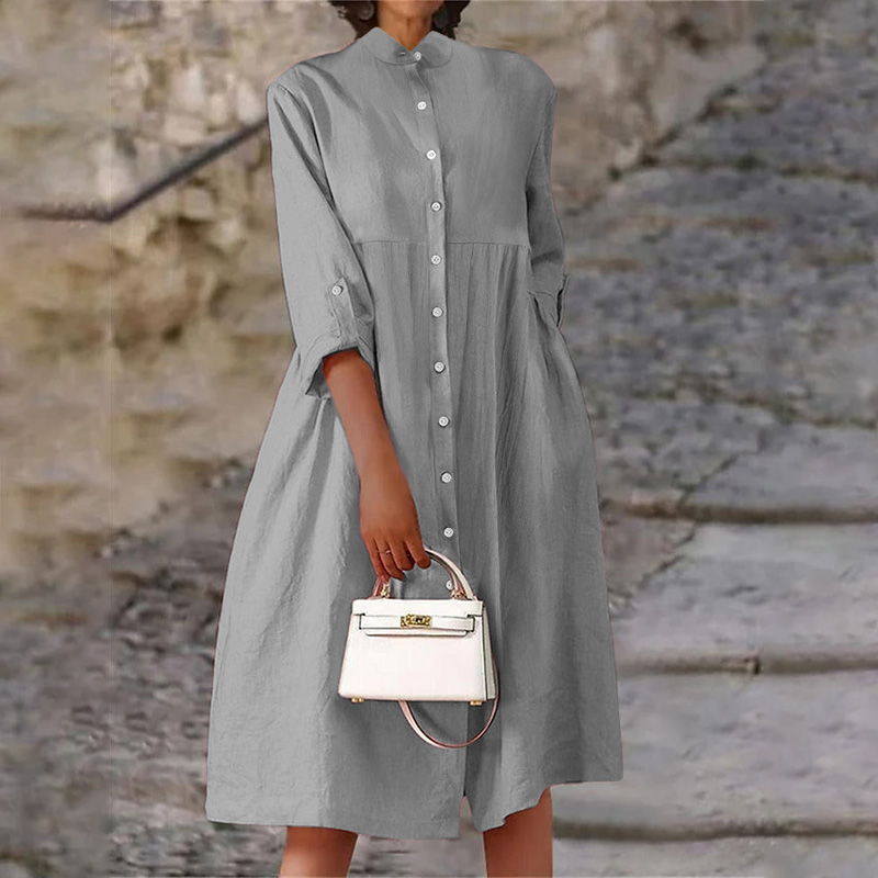 Elegant Single-breasted Cotton Linen Long Sleeve Pockets Maxi Dress