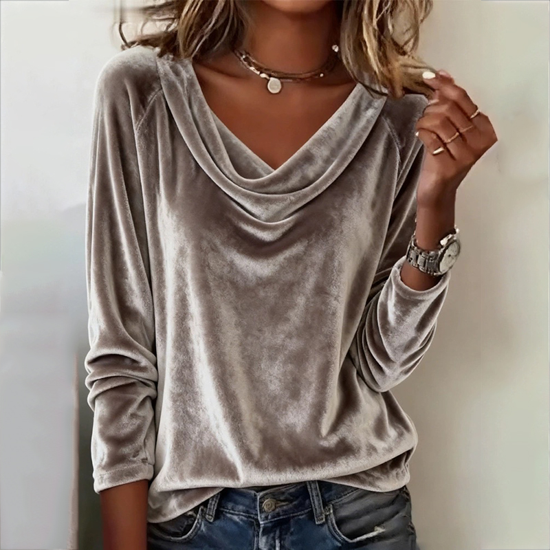 Elegant Velvet Boat Collar Long Sleeve Top Loose Stack Collar T-shirt