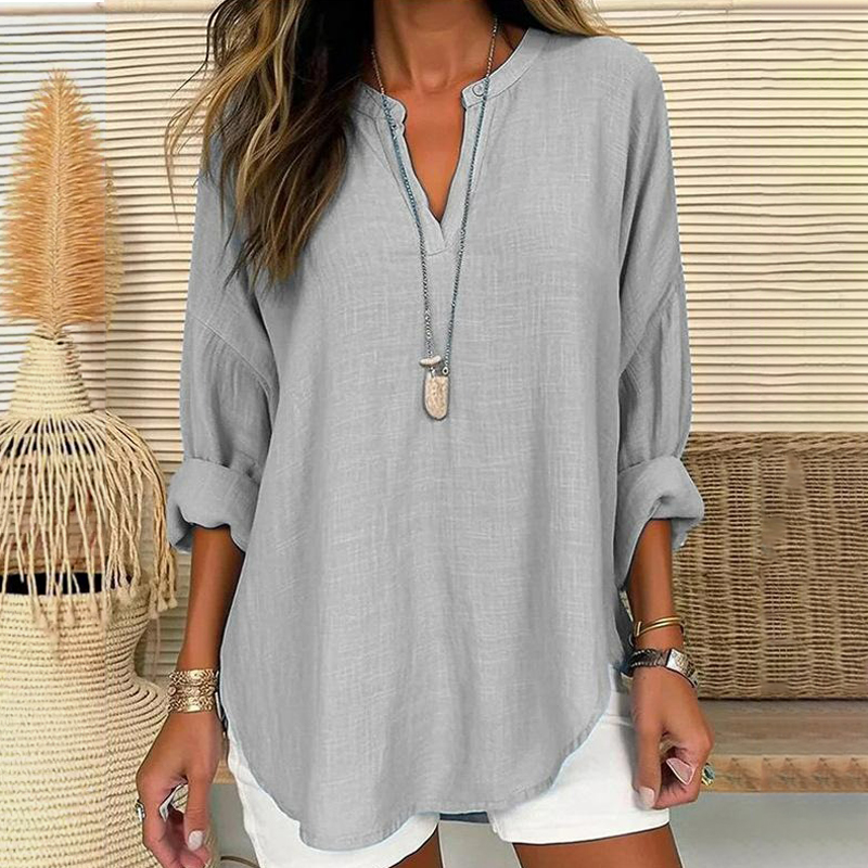 Trendy V-Neck Solid Color Pullover Top Casual Long Sleeve Loose Shirt