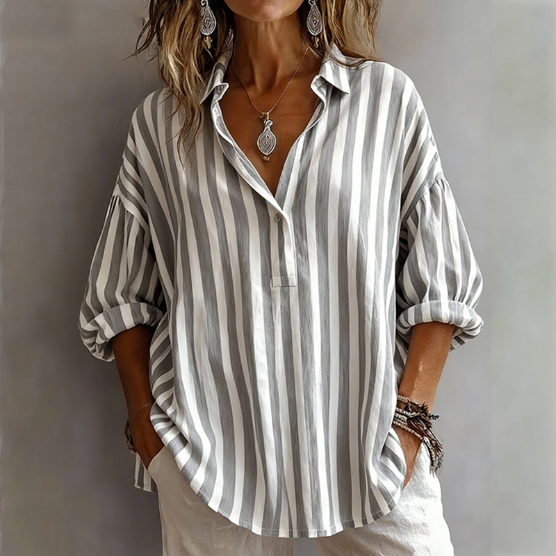 Fashion Stripes Lapel V-Neck Pullover Casual Long Sleeve Loose Shirt