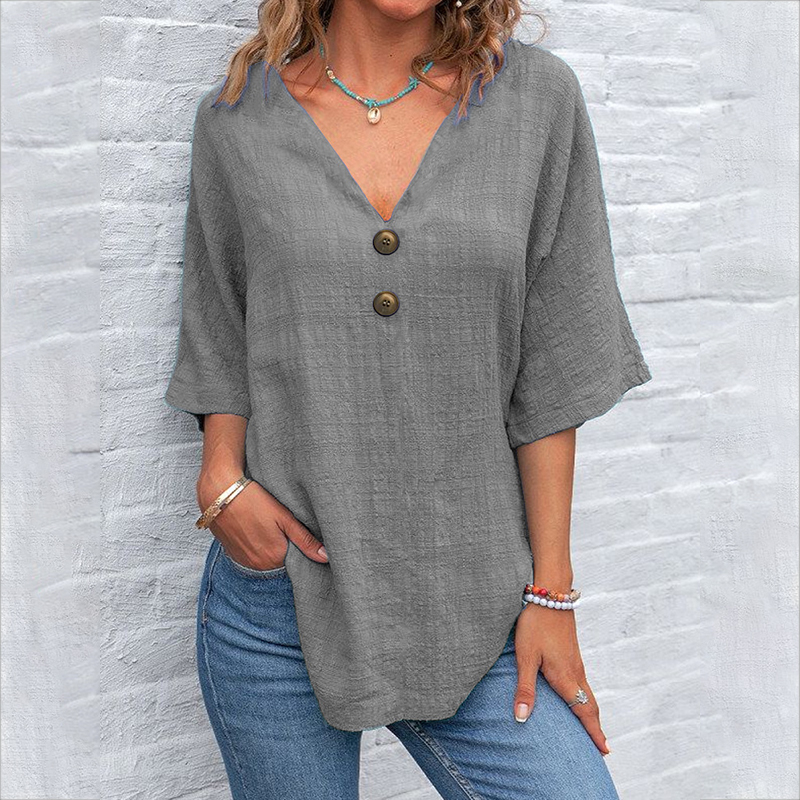Casual Button V-neck Solid Color Pullover Top Short Sleeve Loose Shirt