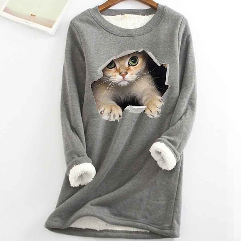 Cat Printed Thickened Fleece Warm Autumn and Winter Sweatshirt