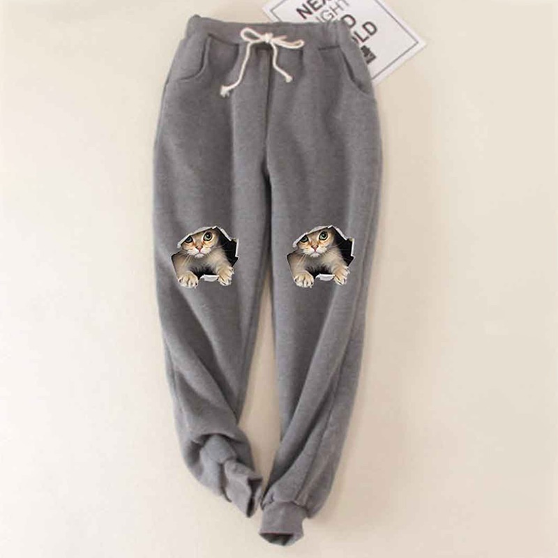 Cats Printed Thickened Fleece Warm Autumn Winter Loose Sweatpants