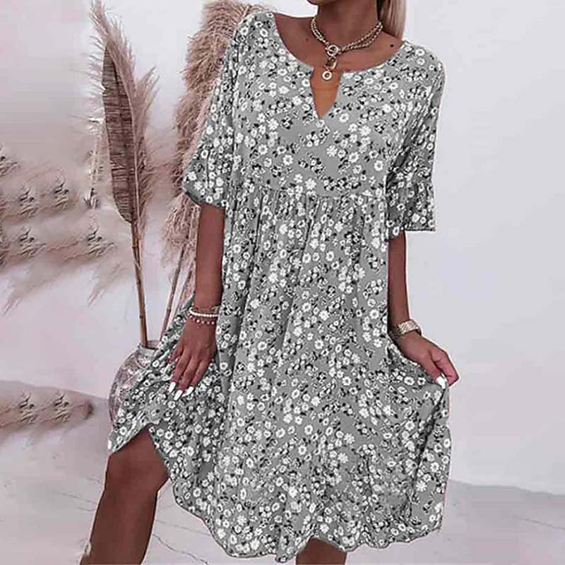 Fashionable Floral Printed V-neck Half Sleeve A-line Dress