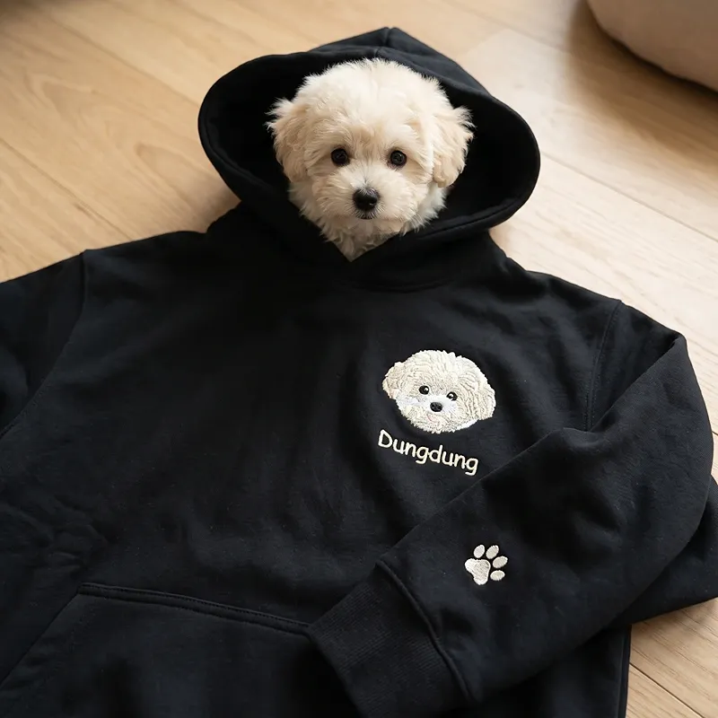 Custom Pet Portrait Embroidery Hoodie Furry Baby Face Name Keepsake