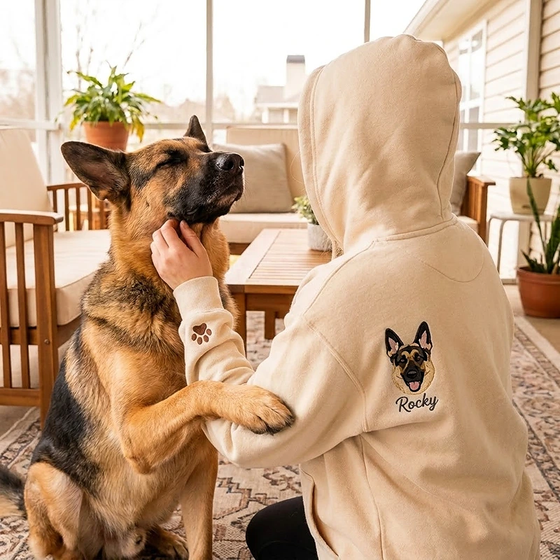 Custom Pet Portrait Embroidery Hoodie Furry Baby Face Name Keepsake
