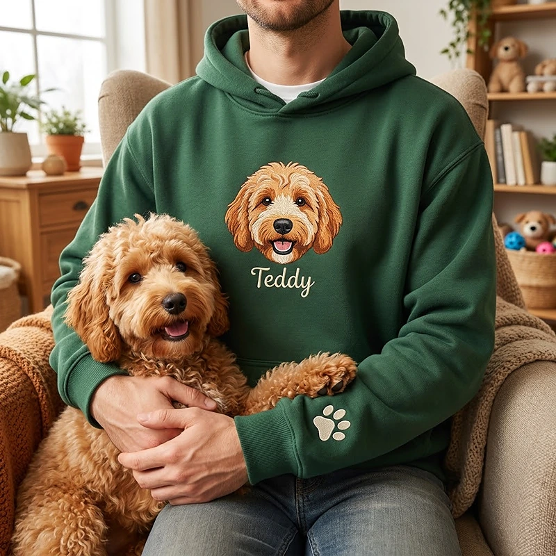 Custom Pet Portrait Embroidery Hoodie Furry Baby Face Name Keepsake