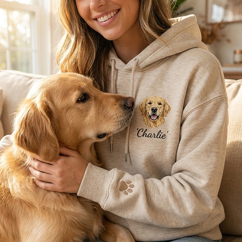 Custom Pet Portrait Embroidery Hoodie Furry Baby Face Name  Keepsake