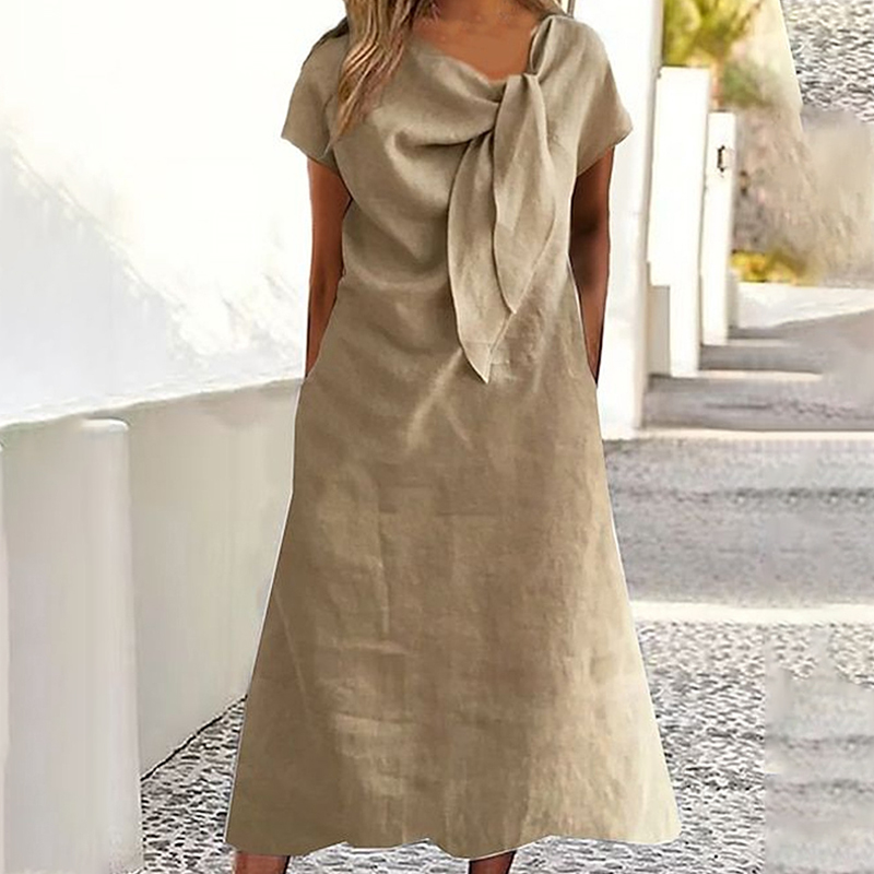 Casual Solid Color Round Neck Short Sleeve Cotton Linen Pockets Dress
