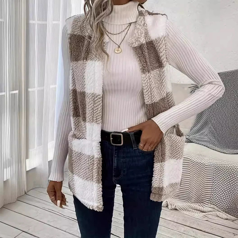 Fashion Plaid Plush Cardigan Coat Loose Pockets Sweater Jacket