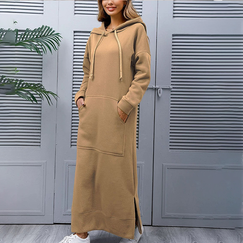 Hooded Fleece Thickened Sweater Dress Large Pocket Autumn Winter Dress