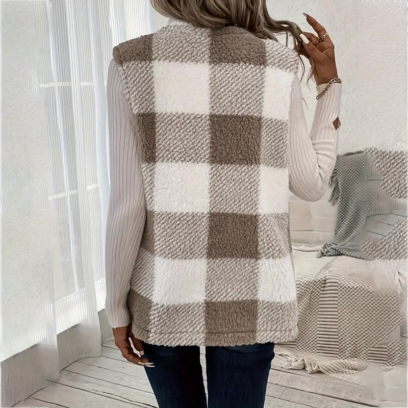Fashion Plaid Plush Cardigan Coat Loose Pockets Sweater Jacket