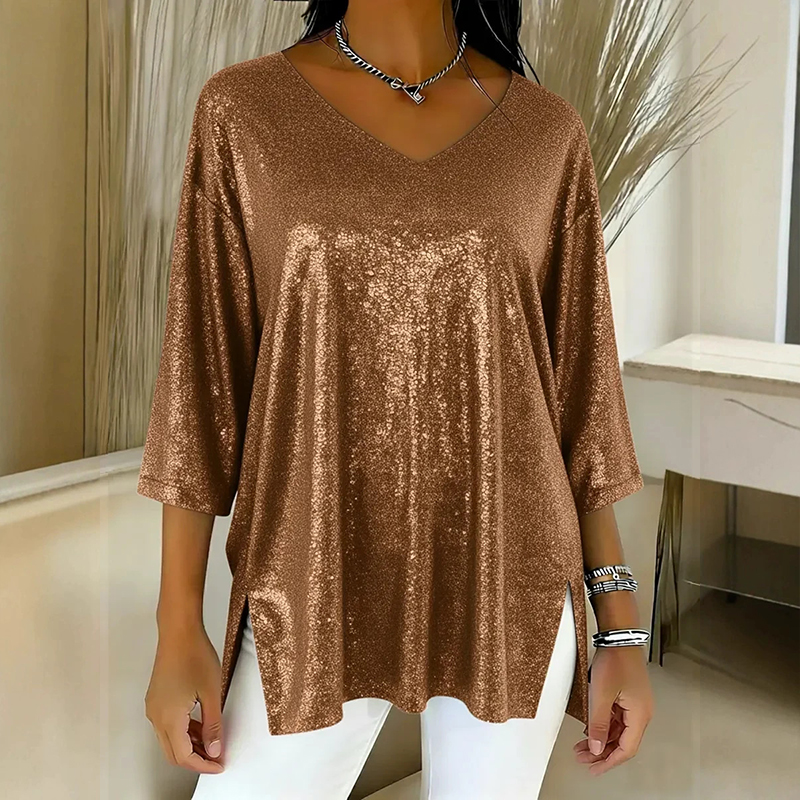 Trendy V-Neck Three-Quarter Sleeve Side Slit Top Loose Printed T-shirt