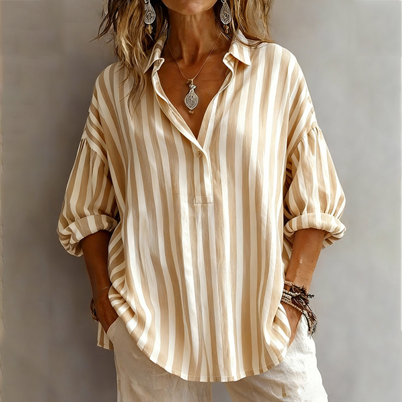 Fashion Stripes Lapel V-Neck Pullover Casual Long Sleeve Loose Shirt