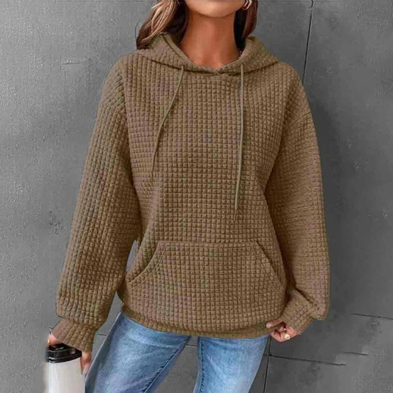Solid Color Waffle Long Sleeve Pocket Hooded Sweatshirt