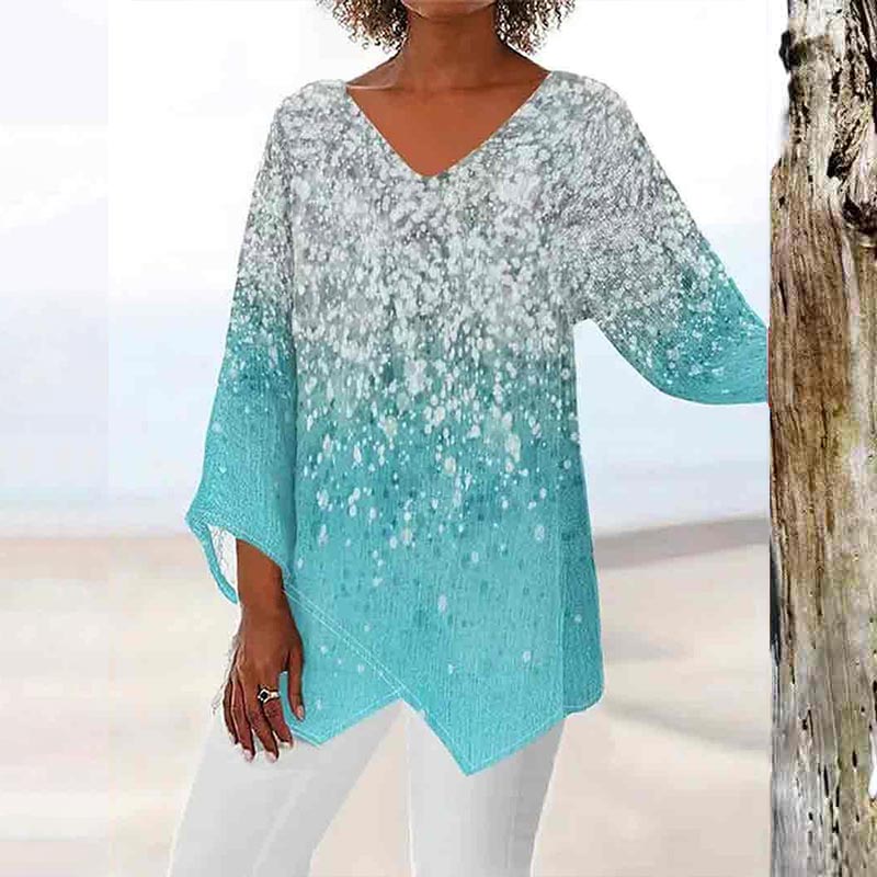 Multicolor Printed V Neck Irregular Hem Loose Blouse