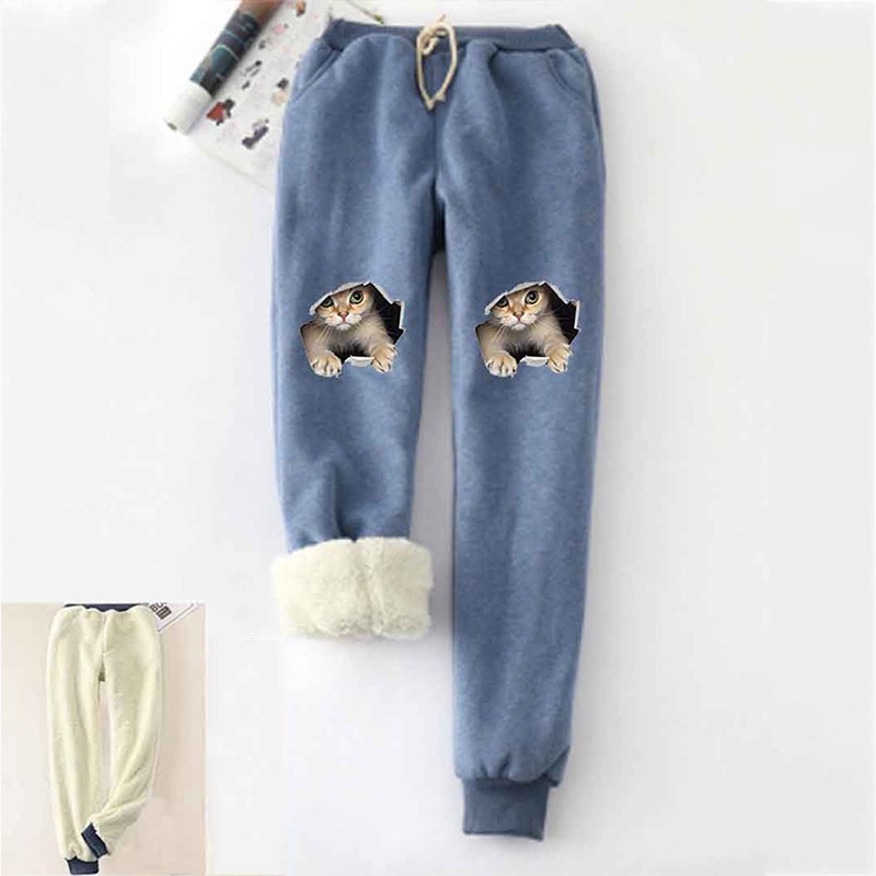 Cats Printed Thickened Fleece Warm Autumn Winter Loose Sweatpants