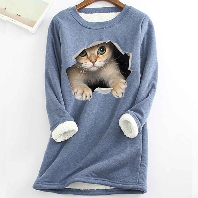 Cat Printed Thickened Fleece Warm Autumn and Winter Sweatshirt