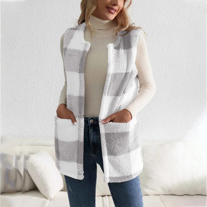 Fashion Plaid Plush Cardigan Coat Loose Pockets Sweater Jacket