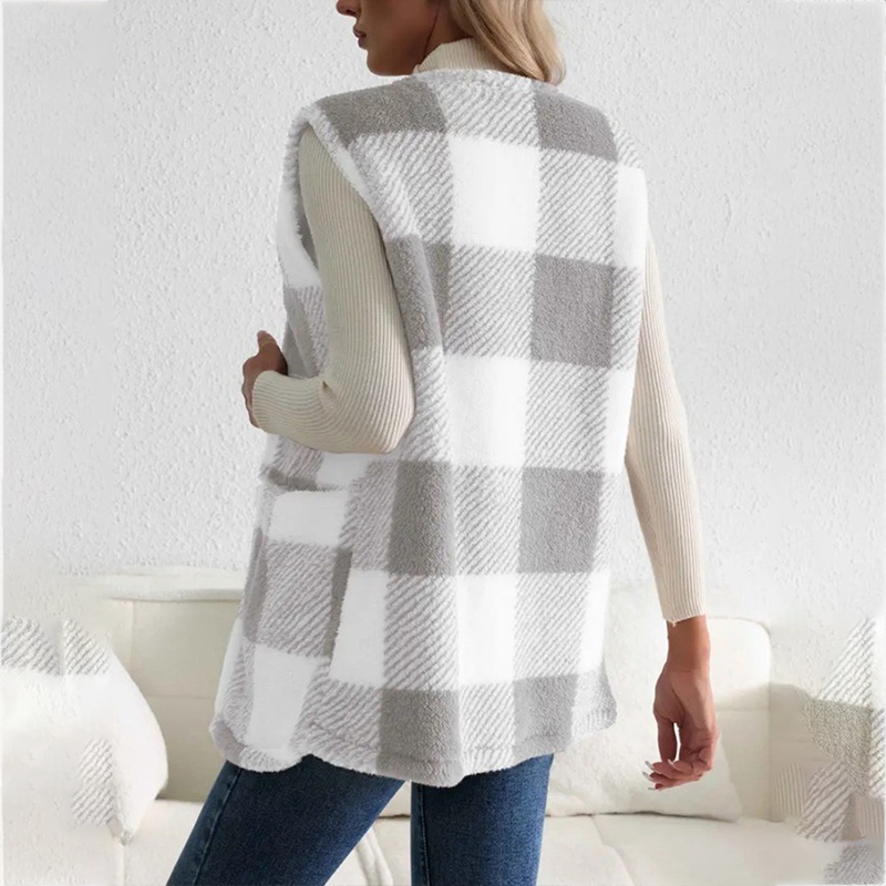 Fashion Plaid Plush Cardigan Coat Loose Pockets Sweater Jacket