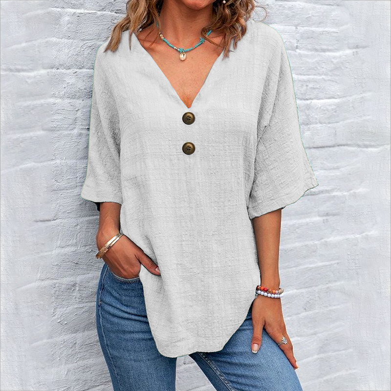 Casual Button V-neck Solid Color Pullover Top Short Sleeve Loose Shirt