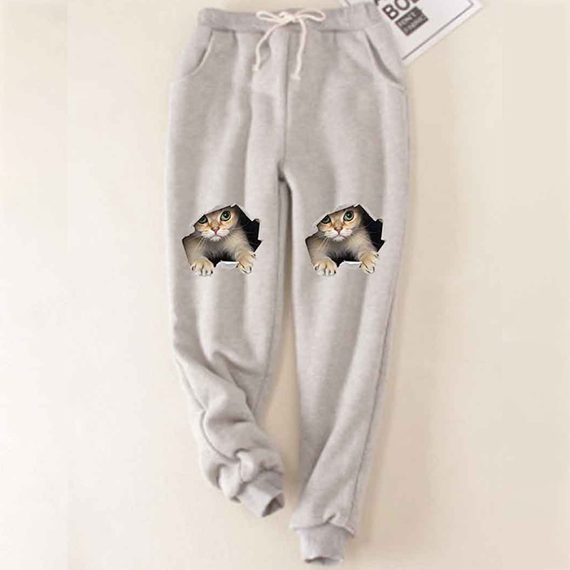 Cats Printed Thickened Fleece Warm Autumn Winter Loose Sweatpants