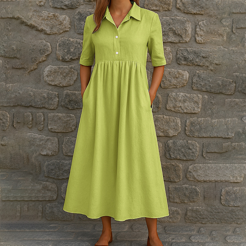 Elegant Lapel V-neck Half Sleeve Pockets A-line Maxi Dress