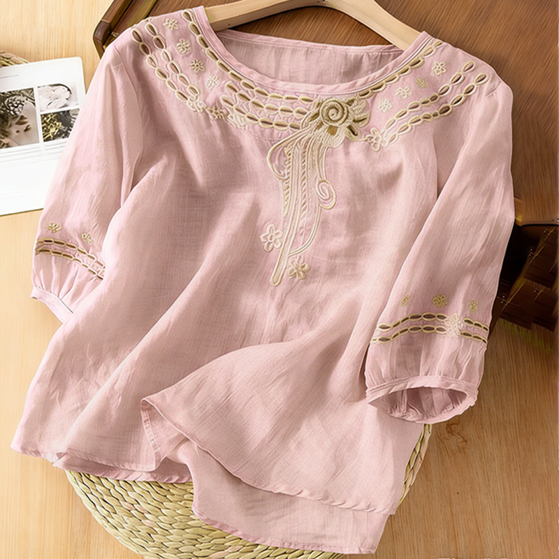 Fashion Embroidered Round Neck Top Three-quarter Sleeve Loose Shirt