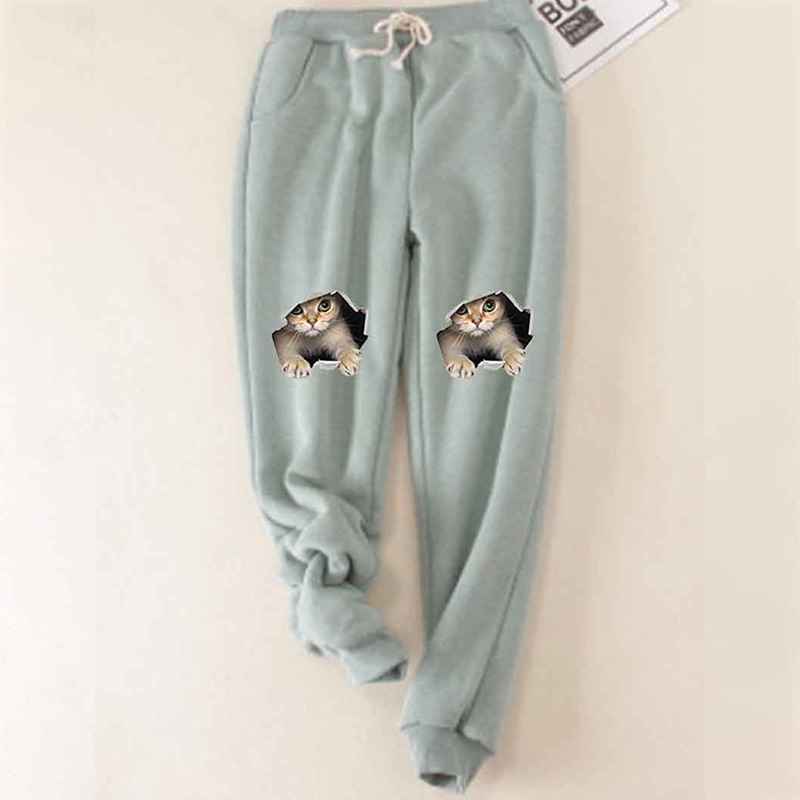 Cats Printed Thickened Fleece Warm Autumn Winter Loose Sweatpants