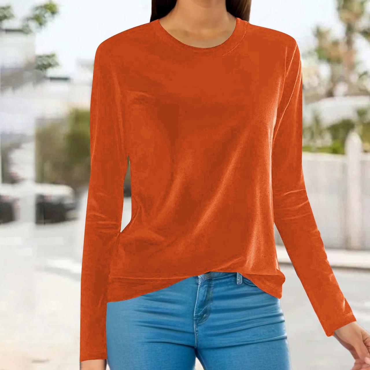 Elegant Velvet Long Sleeve Top Loose Round Neck Pullover T-shirt