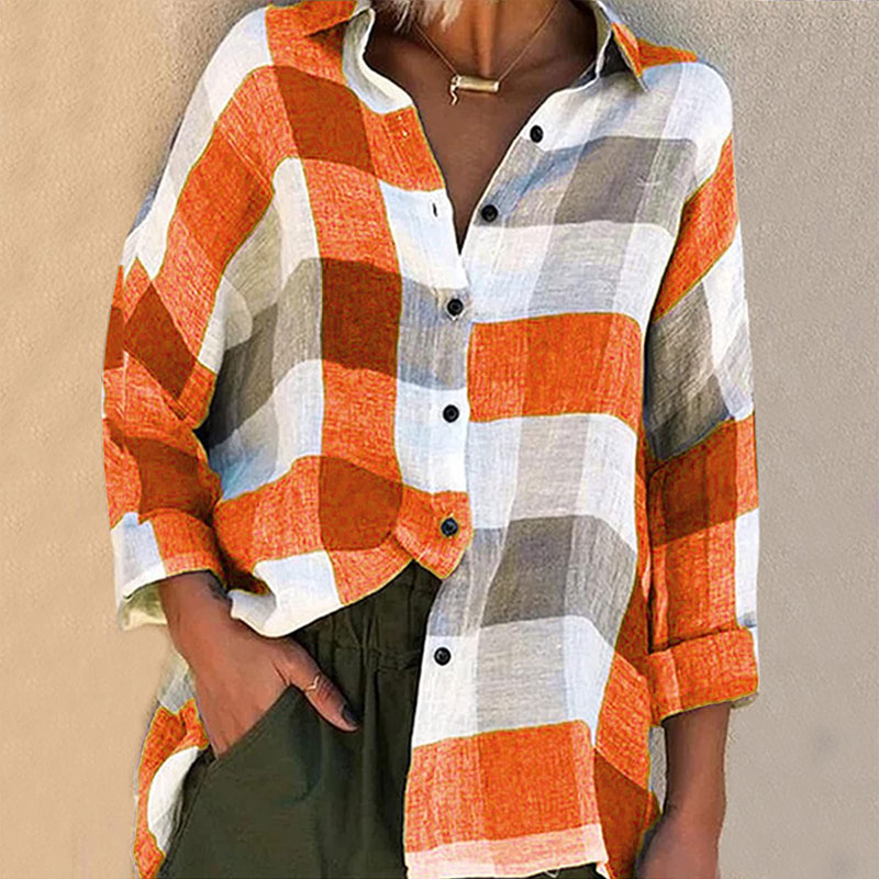 Lapel Plaid Printed Single-breasted Long Sleeve Loose Blouse