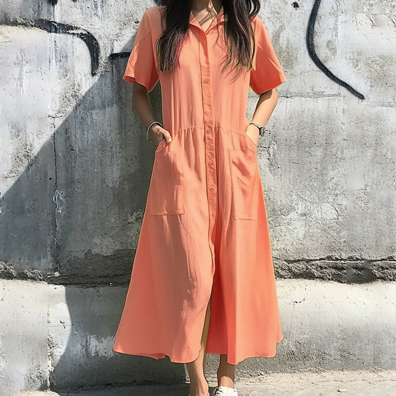 Elegant Lapel Single-breasted Short Sleeve Pockets Cardigan Shirt Dress