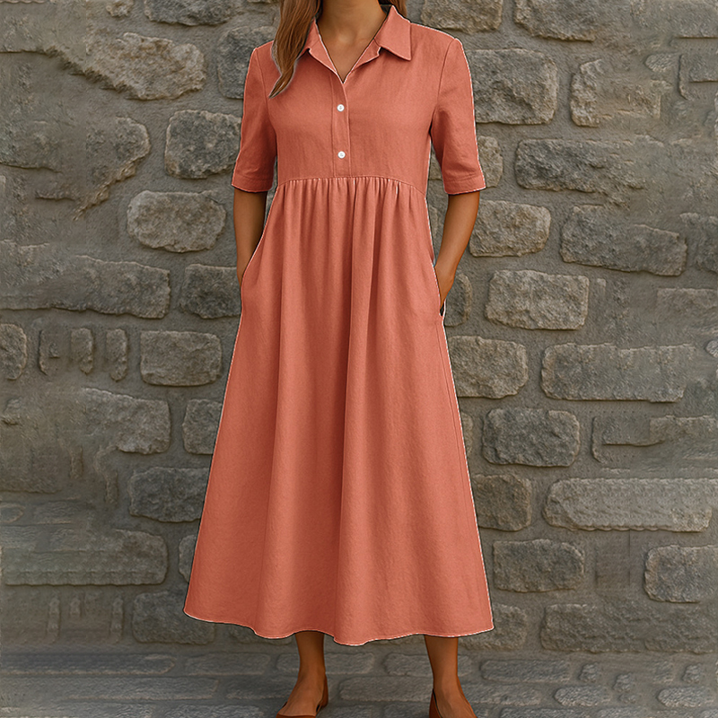 Elegant Lapel V-neck Half Sleeve Pockets A-line Maxi Dress