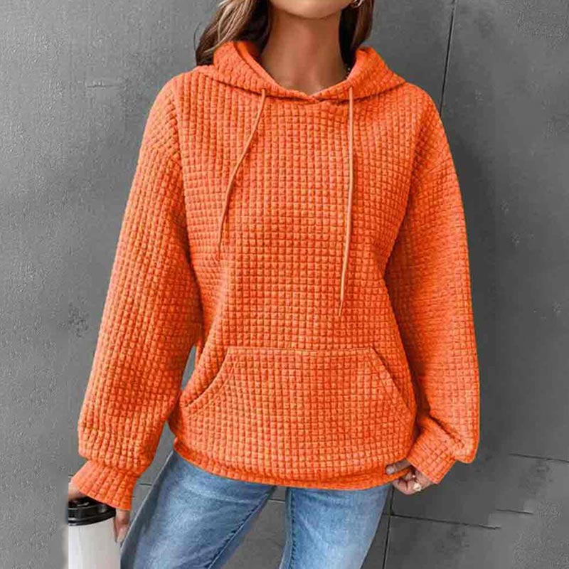 Solid Color Waffle Long Sleeve Pocket Hooded Sweatshirt