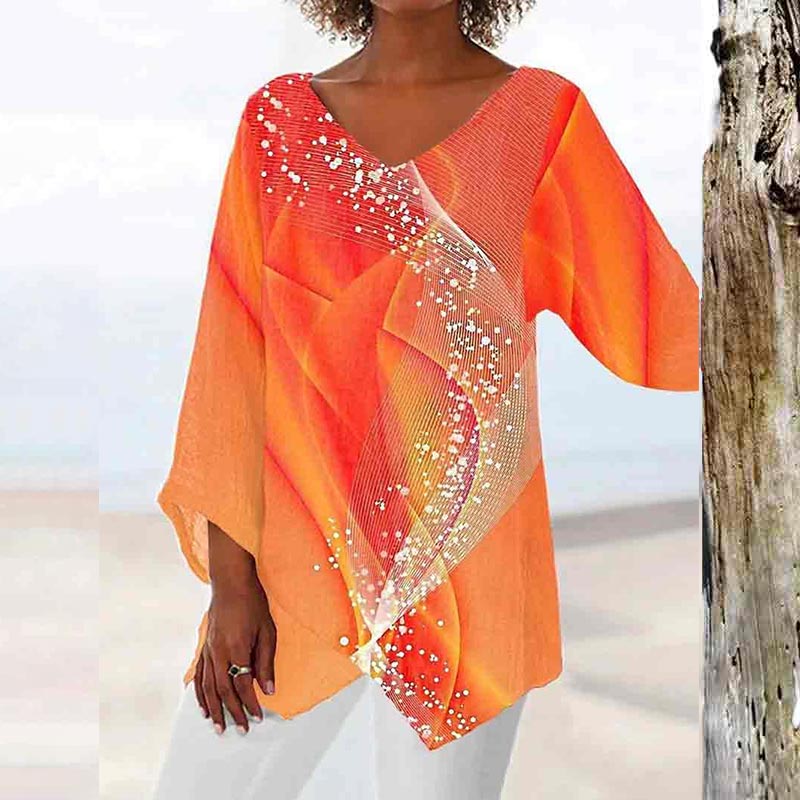 Multicolor Printed V Neck Irregular Hem Loose Blouse