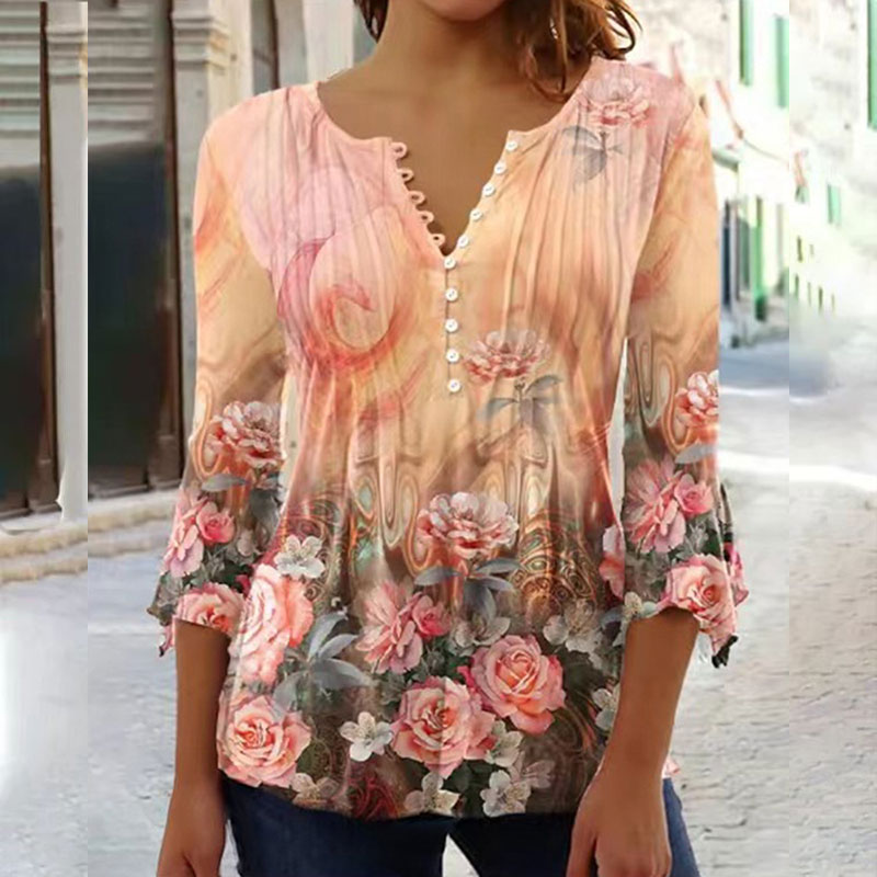 Fashion Gradient Floral Button V-neck Blouse Trendy Loose Shirt