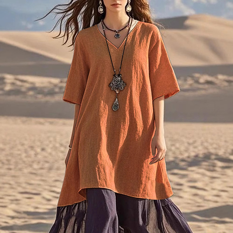 Trendy Color-Blocked V-Neck Half Sleeve A-Line Maxi Beach Dress