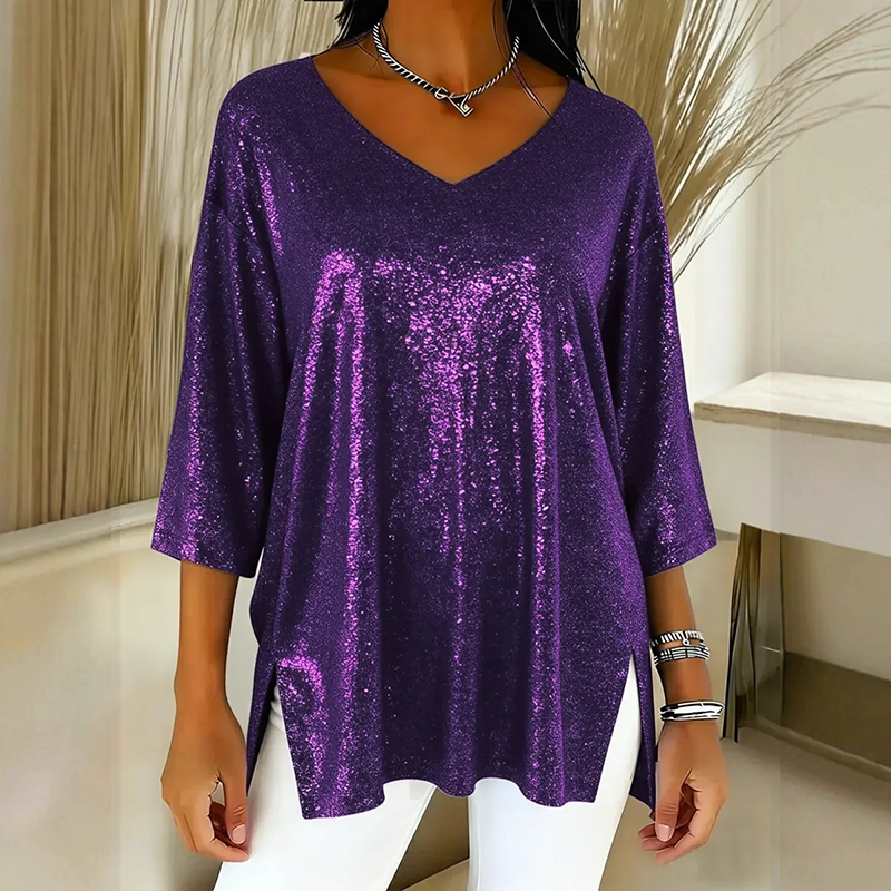 Trendy V-Neck Three-Quarter Sleeve Side Slit Top Loose Printed T-shirt