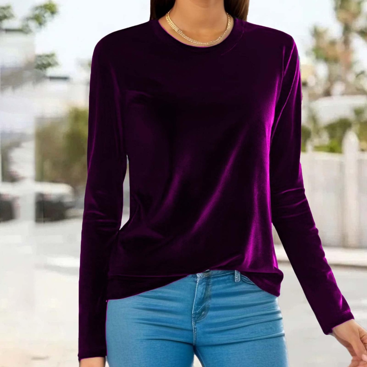 Elegant Velvet Long Sleeve Top Loose Round Neck Pullover T-shirt