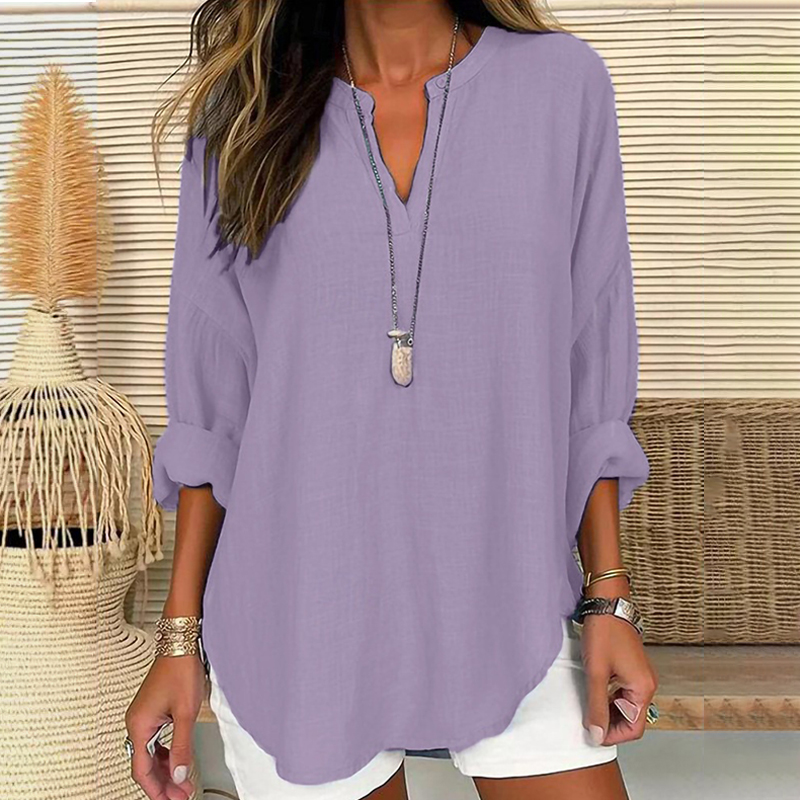 Trendy V-Neck Solid Color Pullover Top Casual Long Sleeve Loose Shirt