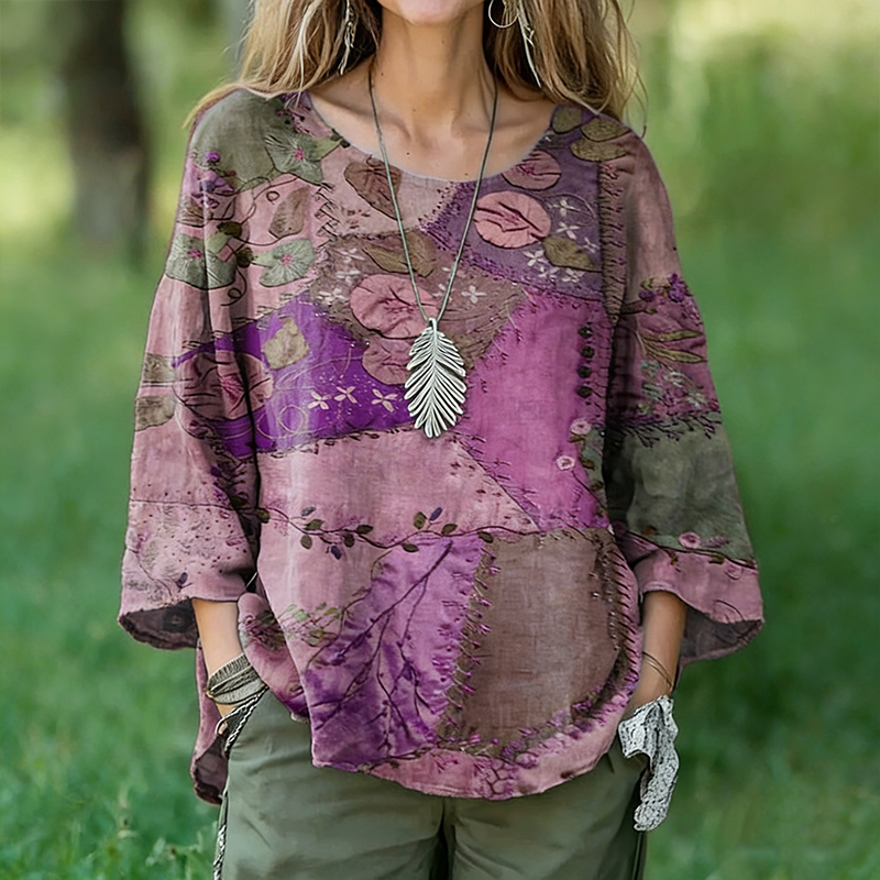 Trendy Multicolor Printed Long Sleeve Pullover Round Neck Loose T-shirt