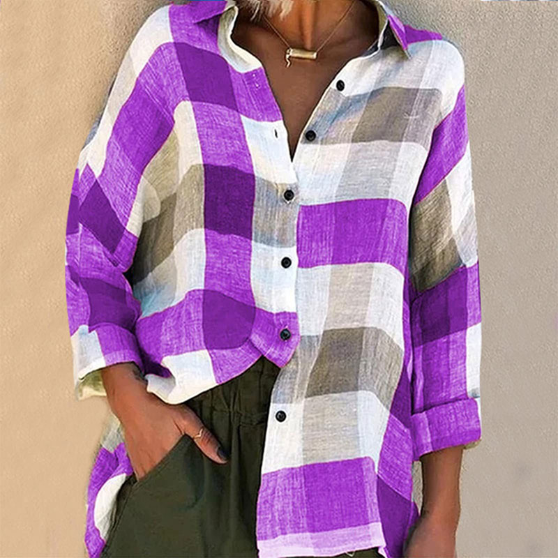 Lapel Plaid Printed Single-breasted Long Sleeve Loose Blouse