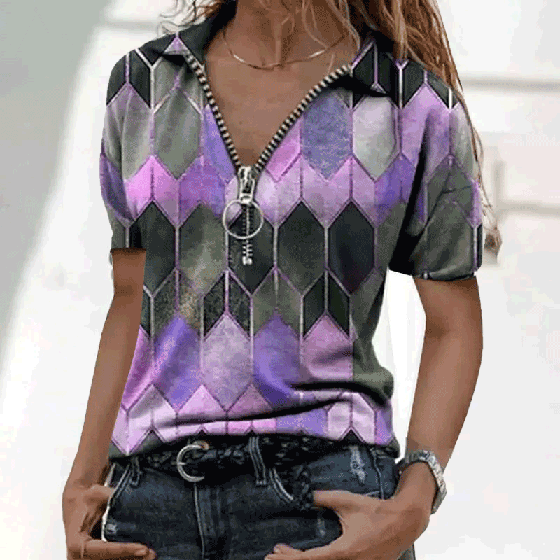 V-neck Printed Zipper Lapel Short-sleeved T-shirt