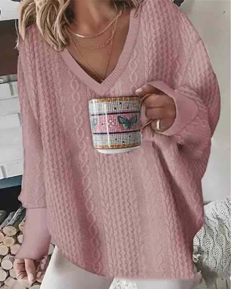 Solid Color Knitted V-neck Long Sleeve Sweater