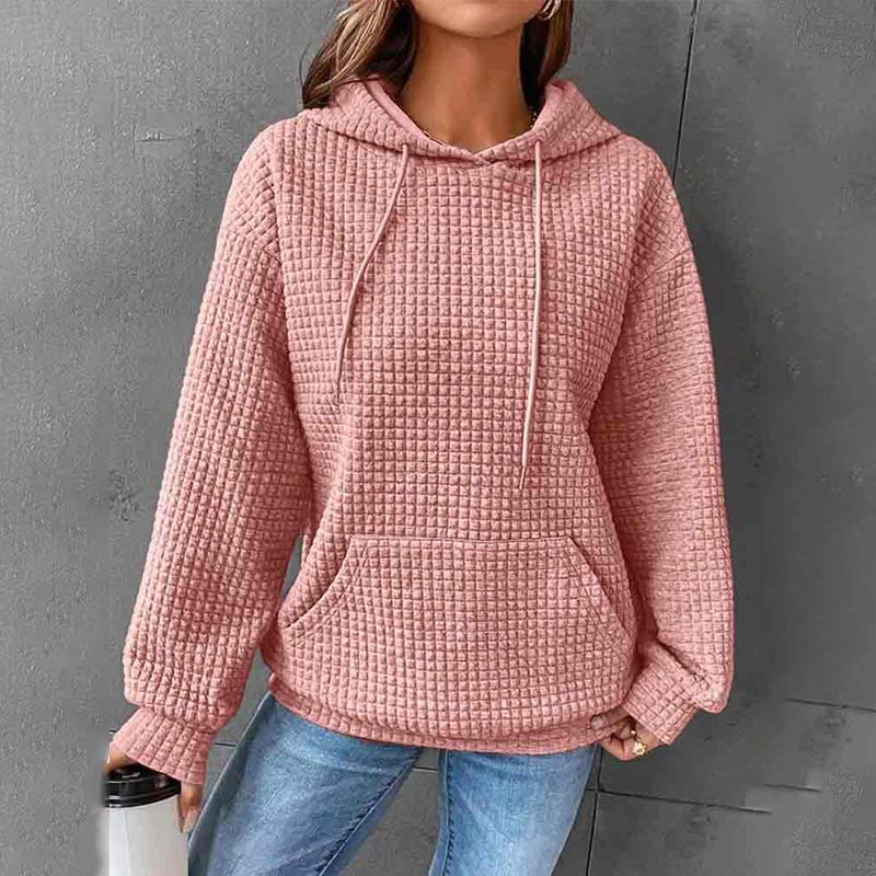 Solid Color Waffle Long Sleeve Pocket Hooded Sweatshirt