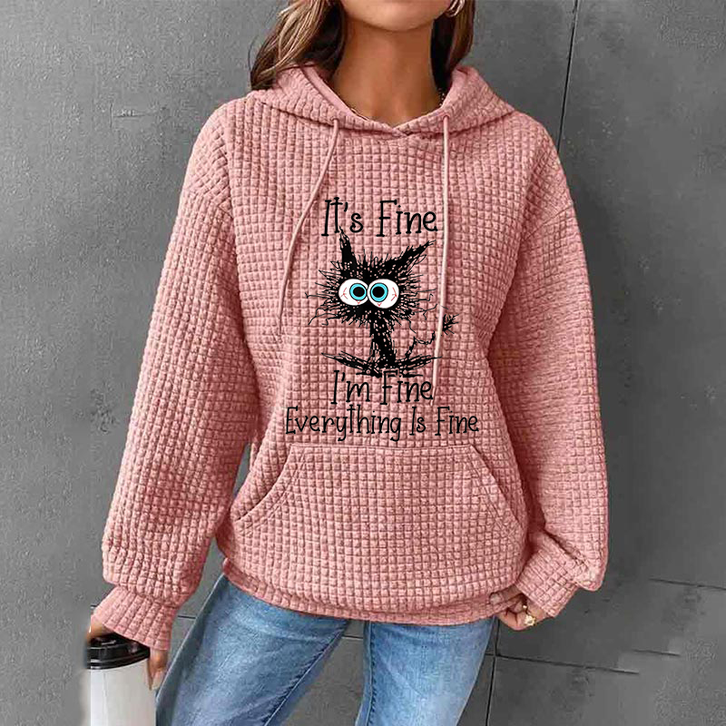 Cat Printed Waffle Long Sleeve Pocket Hooded Sweatshirt