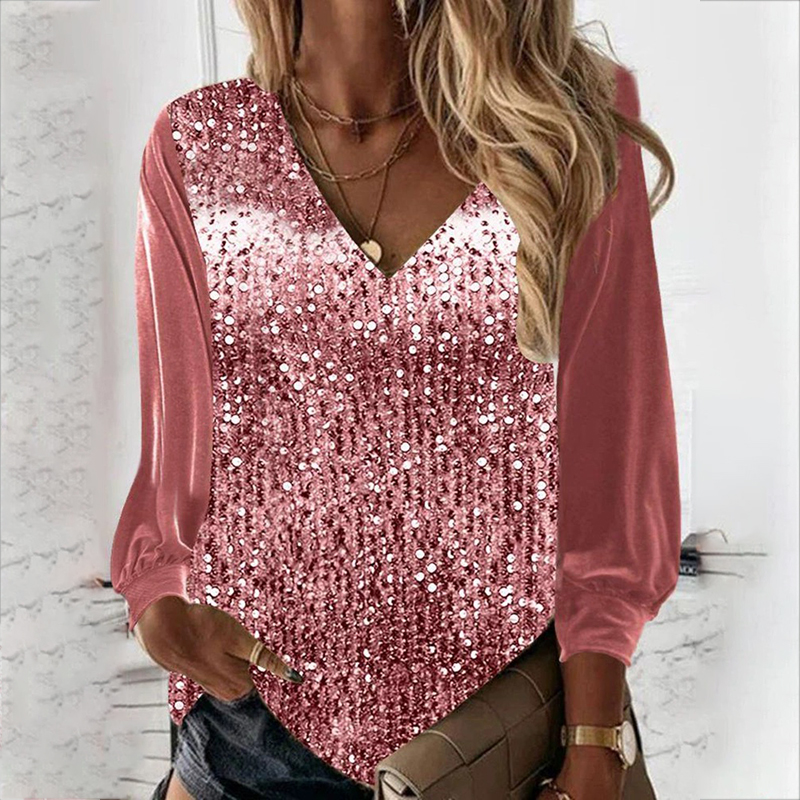 Trendy V-Neck Long Sleeve Splicing Pullover Top Loose Printed T-shirt