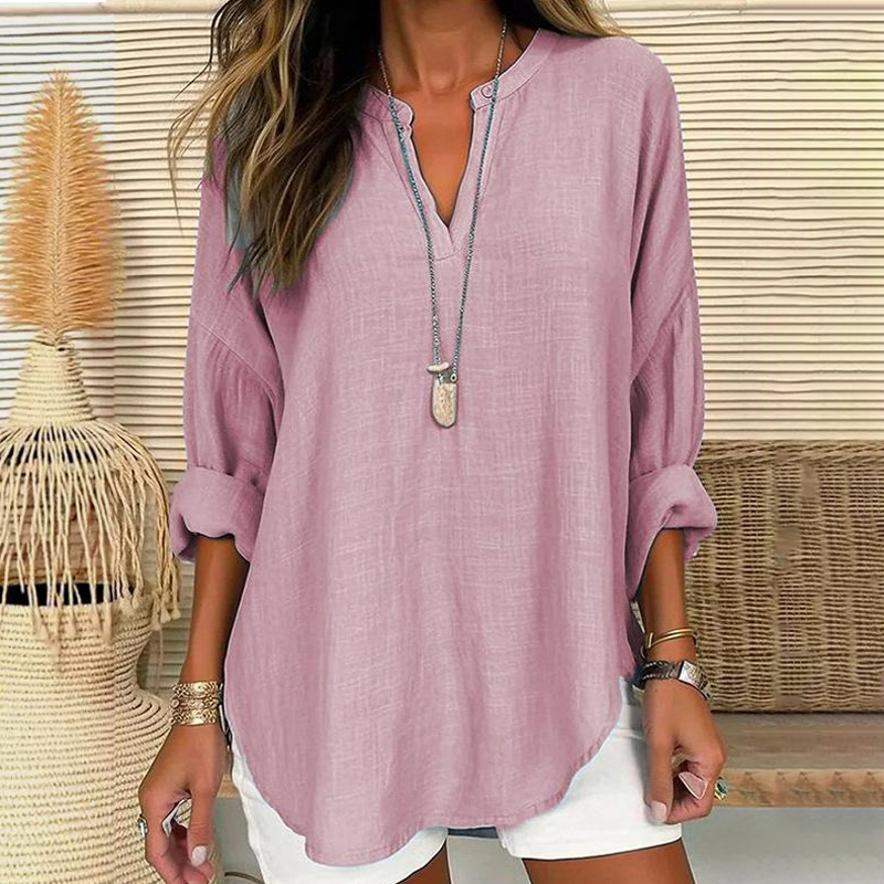 Trendy V-Neck Solid Color Pullover Top Casual Long Sleeve Loose Shirt